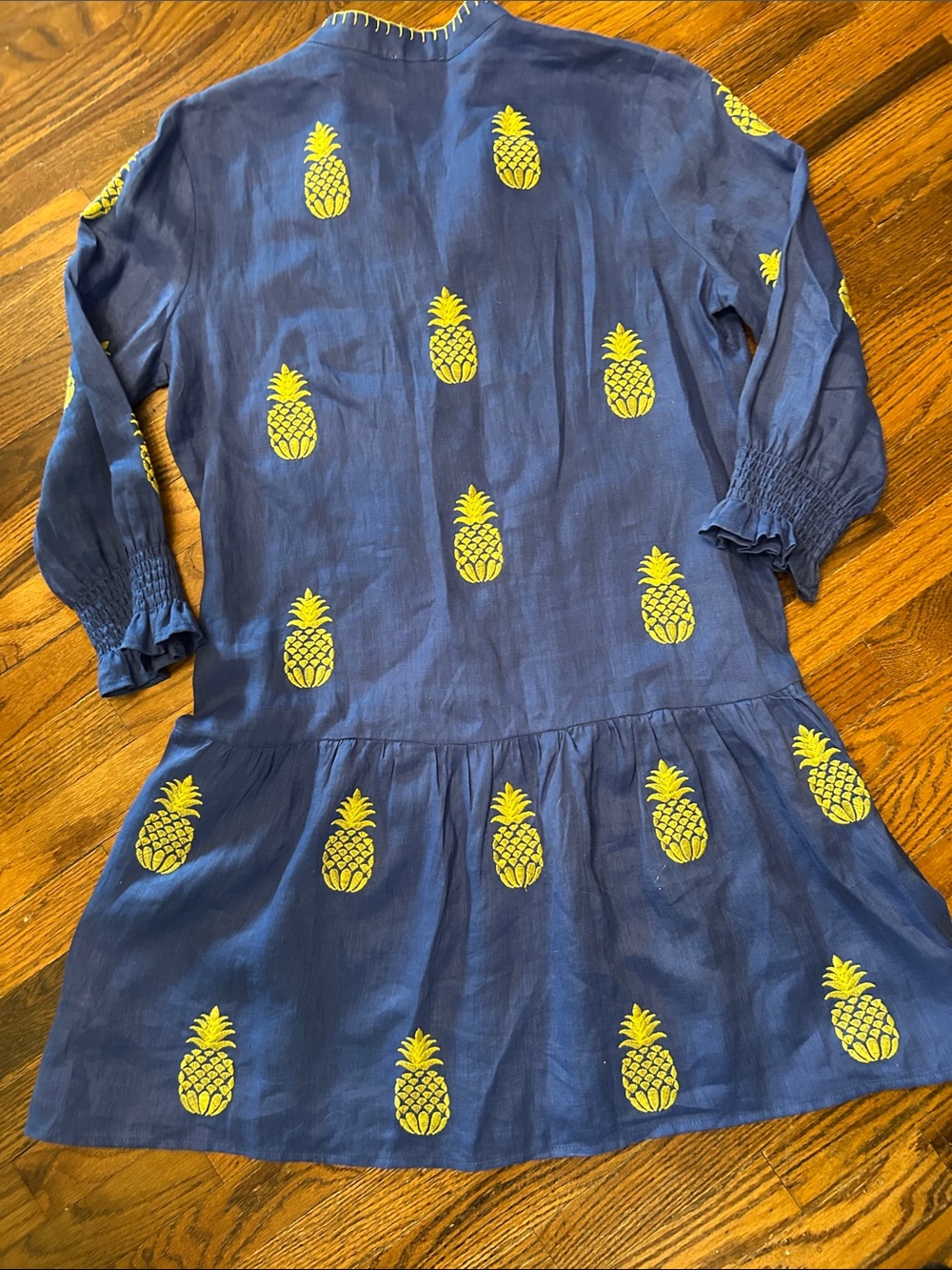 Tyler Boe 💯%Linen Blue Dress w/Yellow Pineapples embroidered everywhere.szSMALL - Picture 12 of 14